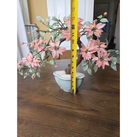 Vintage Chinese Glass Stone Jade Cherry Blossom Bonsai Tree Pink Flowers 14" - Picture 15 of 16